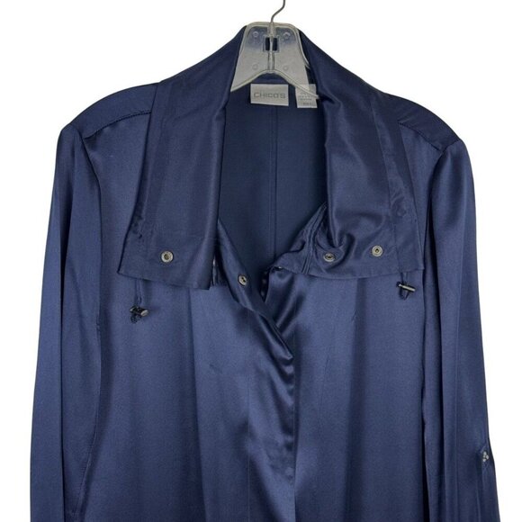 Chico's 100% Silk Navy Blue Satin Jacket Snaps Roll Tab Sleeve Chico's 1(US M/8) - Picture 3 of 11
